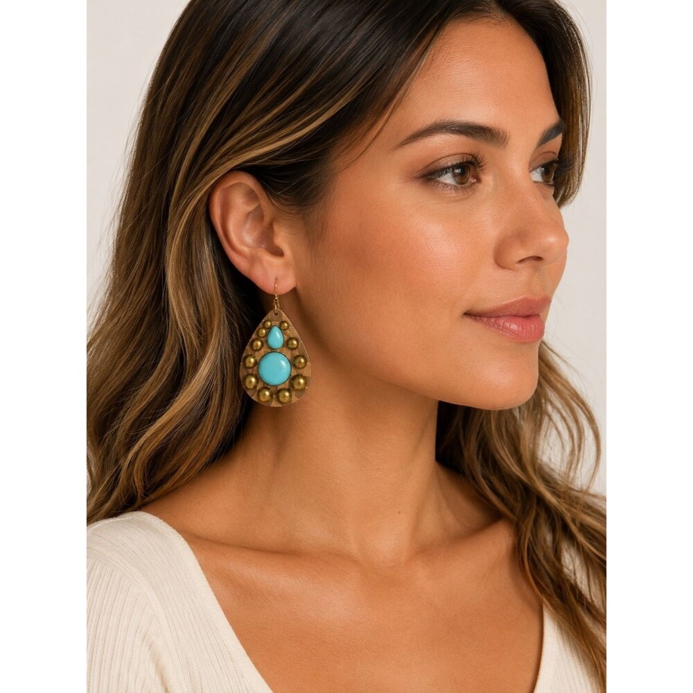 Teardrop Earrings with Turquoise Stones and Bronze Studs - NWT - Picture 2 of 5
